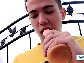 Xander H is a skinny brunette boy who likes to pleasure himself by touching his big cock and fucking a dildo.