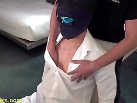Muscular office worker enjoys nipple play and edging