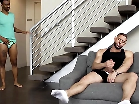 Gay man caught masturbating by roommate in the living room