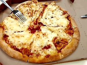 Gay slut cums on pizza and eats it up