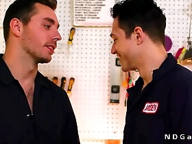 Gay coworkers have rough anal sex at the gas station