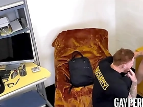 Officer Jeremiah Cruze handcuffs gay shoplifter Donovin Rece and then proceeds to shower him with cum.