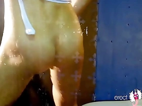 Steamy shower scene with a hot guy showing off his wet body in a bodysuit and without it.