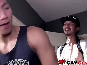 Skinny Asian guy immediately sucks a hairy cock