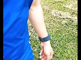Gay Asian man goes for a jog outdoors and shows off his body.