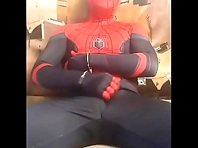 Gay Spidey in solo pleasure with self-care in tight spandex suit