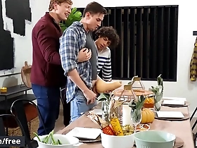 Straight guys and hunks have a hot gay group sex in a Friendsgiving party.
