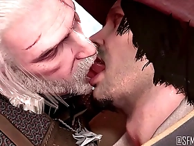 Gay game characters Geralt and Obbi share a passionate kiss with tongue.