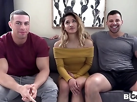Small Asian girl gets destroyed by two hunk body builders with deepthroat and facial scenes.
